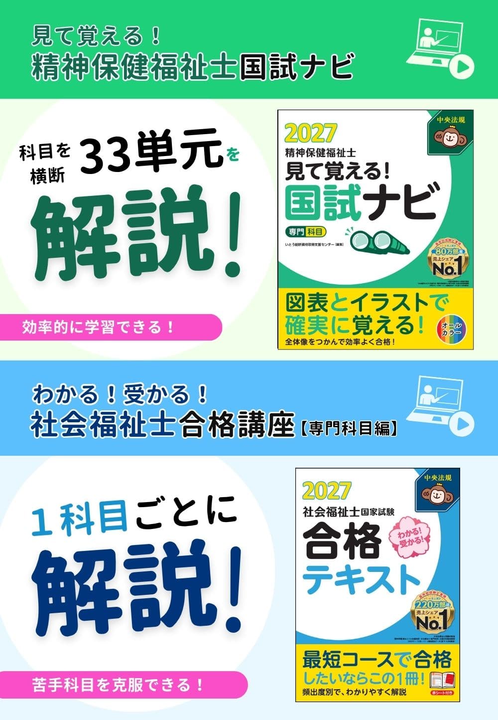 【精神専門＋共通科目セット】受験対策ＷＥＢ講座　『精神保健福祉士国試ナビ［専門科目］２０２７』＆「科目別の重要ポイントがわかる！社会福祉士合格講座２０２７」