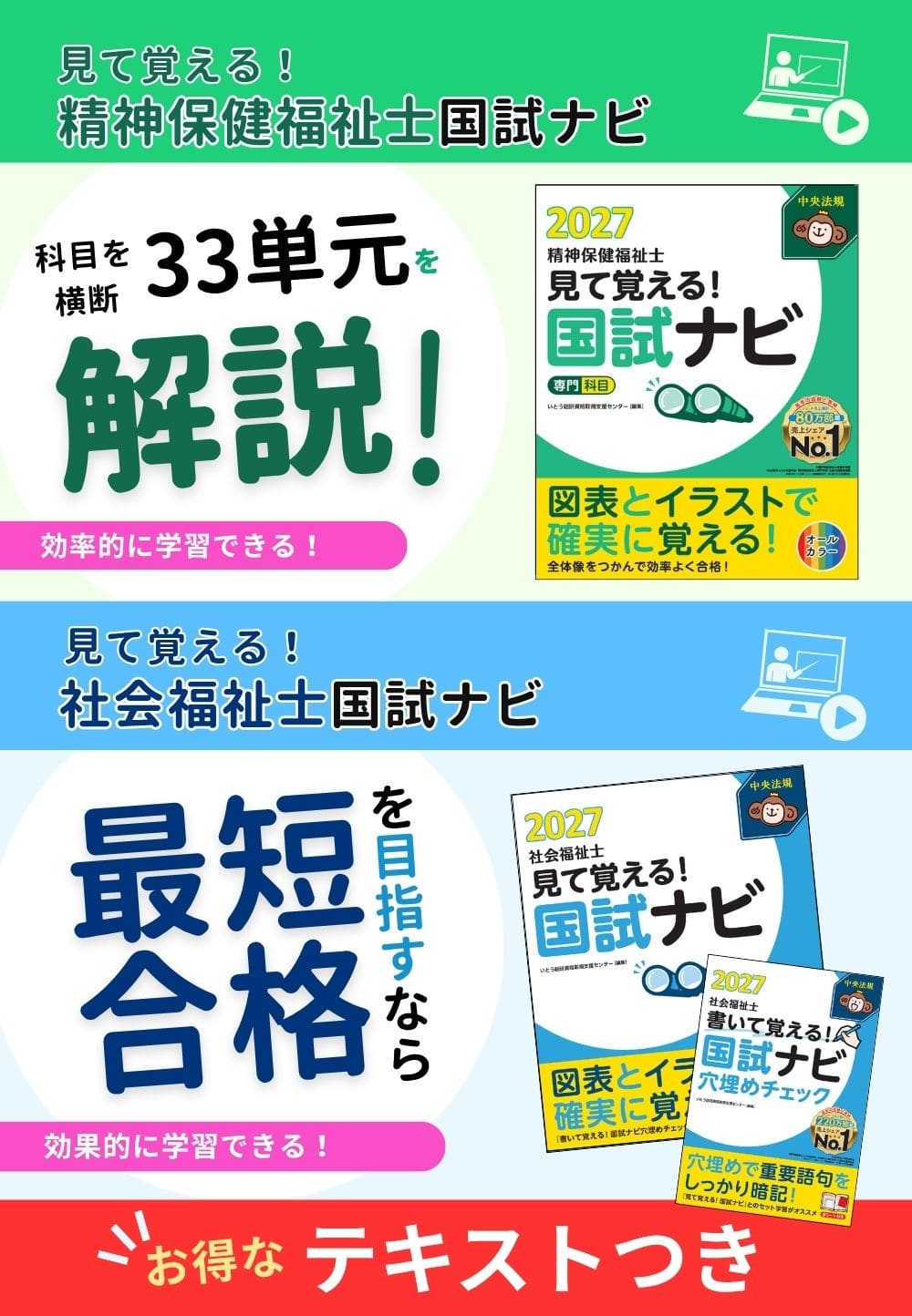 【特価】テキストつき　社精Ｗ受験セット　受験対策ＷＥＢ講座『社会福祉士＆精神保健福祉士国試ナビ２０２７』